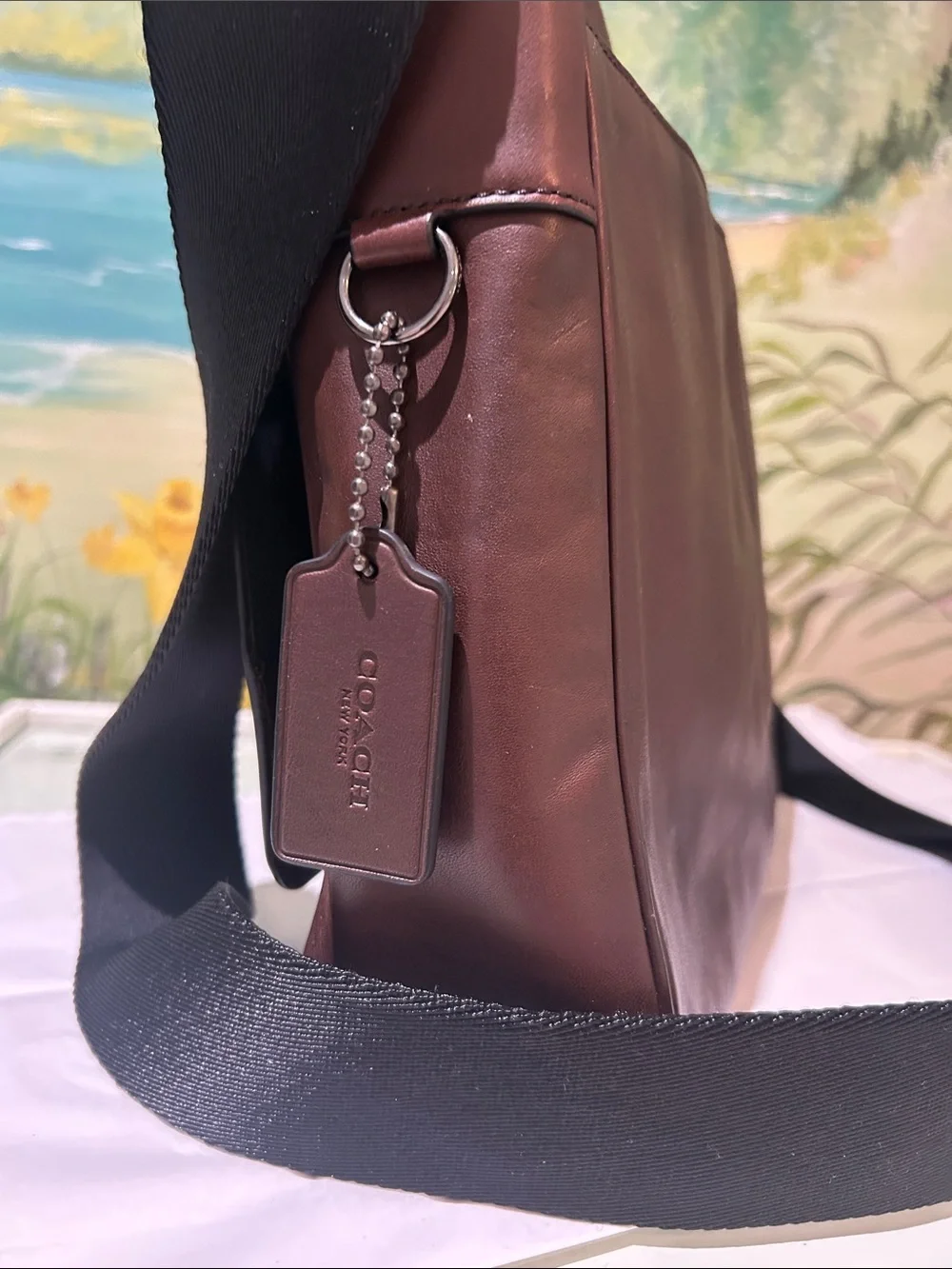Coach Charles Dark Brown Mahogany Leather Messenger Bag with Black Strap
